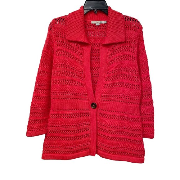 Boden Crochet Knit One-Button Cardigan Jacket | 100% Cotton | 3/4 Sleeves | Red - Picture 1 of 7